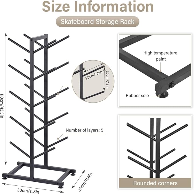 5 Tier Freestanding Skateboard Rack Double-Sided 50x30x110cm Heavy Duty Skate Board Display Hanger Rack Hold 10 Storage Longboard Deck Organizer for All-Mountain, Wide, Powder, Back-country Skis