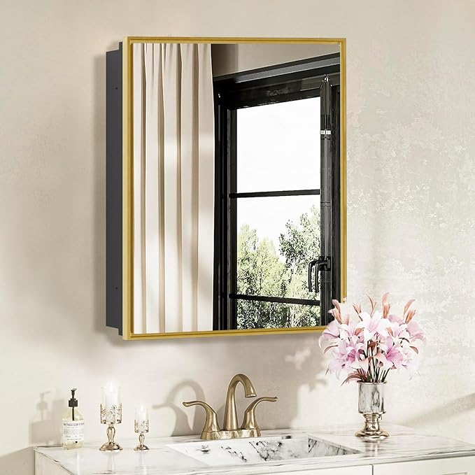 Bathroom Medicine Cabinet with Mirror, Recess or Surface Mount, Single Door Cabinet Famerhouse Bathroom Mirror with Storage Cabinet (Brush Gold, 16"x26")
