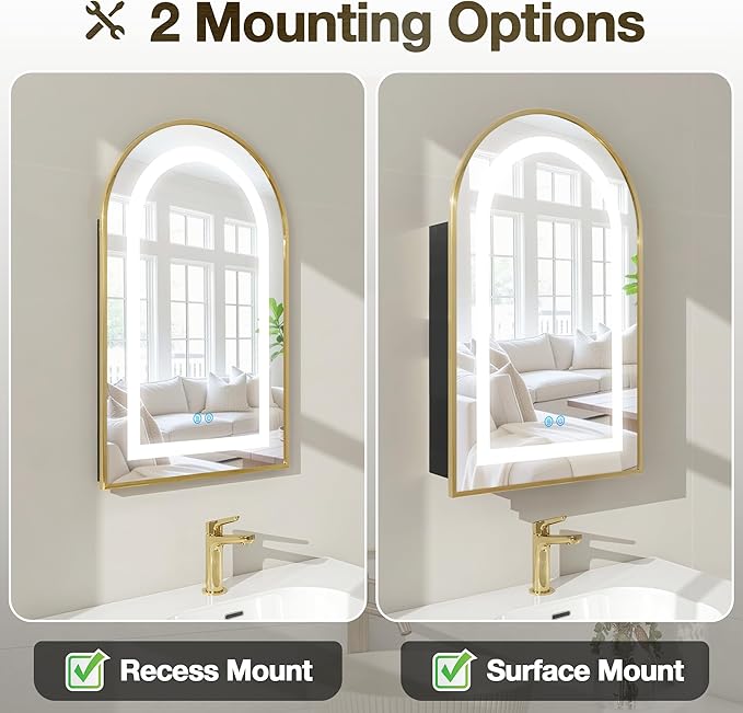 Arched Medicine Cabinet Mirror No Assembly Needed Bathroom Mirror with Storage Recessed or Surface Mount Options (Gold-LED, 31.5" L x 19.7" W)
