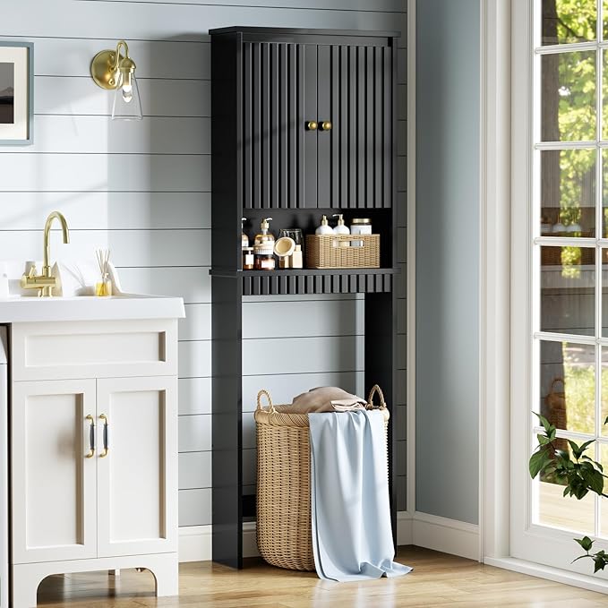 Over The Toilet Storage Cabinet, Over The Toilet Storage with Fluted Door Over The Toilet Cabinet with Adjustable Shelf Above The Toilet Storage Cabinet for Bathroom Organizer, Black