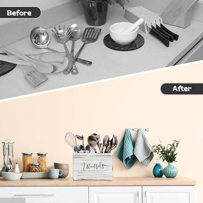 Utensil Holder with 2 Compartments, Utensil Caddy for Kitchen Counter, and Storage for Silverware Fork Spoon Spatula (White)