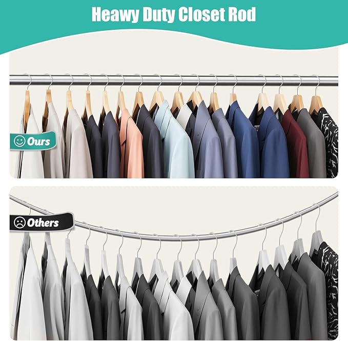 Closet Rod, 16 to 75 Inch Closet Rods Heavy Duty Adjustable Clothes Rods for Hanging Clothes and Heavy Duty Clothes Rod Bracket Closet Rod Support (The Shelf NOT Included) (Silver)