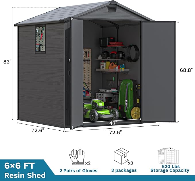 Devoko 6x6 FT Plastic Storage Shed with Floor, Waterproof Resin Garden Outdoor Shed with Lockable Door and Window, Outside Tool Storage Shed for Patio Garden Backyard, Dark Gray