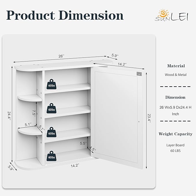 Bathroom Medicine Cabinet with Mirror, Wall Mounted Home Storage with Door, Over The Toilet Space Saver Storage Cabinet, Bathroom Cabinet Wall Mounted, White