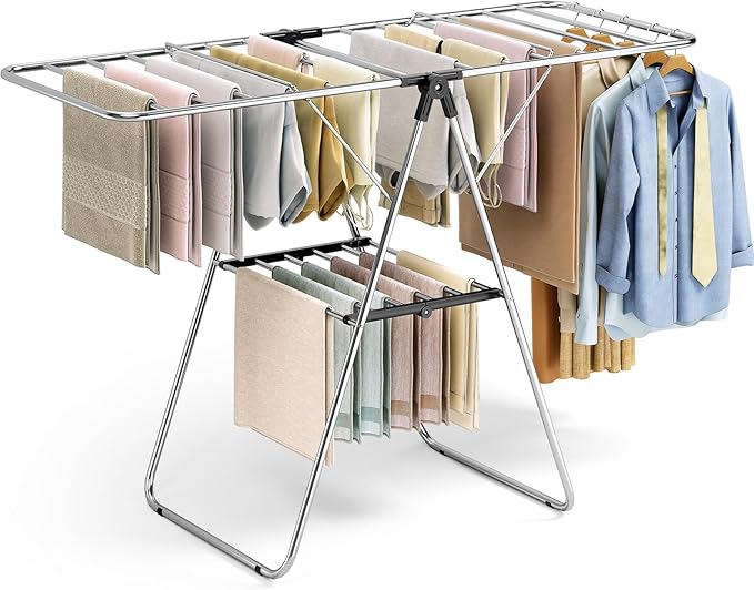 KINGBOARD Clothes Drying Rack, Stainless Steel Laundry Drying Rack with Height-Adjustable, Foldable Gullwing for Easy Storage, No Assembly, Indoor Outdoor Use, 56.4" D x 21.6" W x 39.3" H, Black