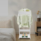 Wood Suit Valet Stand, Wooden Suit Valet Stand with Storage Drawer, Freestanding Valet Stands with Storage Drawer and Bottom Shoe Rack, 22 lbs Capacity for Living Room, Bedroom, Office (White)