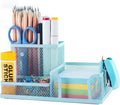 M&G Mesh Pen Holder Desk Organizers Pencil Holder for Desk Light Blue, 3 Compartments Metal Office Supply Organizer with Sticky Notes Holder for Home Office