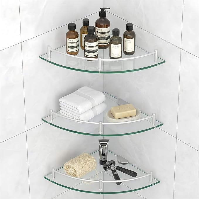Glass Corner Shelf for Bathroom Corner Shelf, 3 Pack Tempered Glass Shelf with Electroplating Silver Metal Rails，Suitable for Bathroom