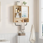 QUW Modern Bathroom Wall Cabinet, Medicine Cabinets with Mirror, Over The Toilet Storage Cabinet for Bathroom, Towel Bar, Sliding Door, 3 Lighting Modes, Adjustable Brightness, Natural Oak
