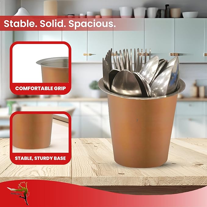 Stainless Steel Solid Flatware Utensils Holder, Caddy, Crock, Cylinder Cutlery Organizer for Kitchen Countertop (Cooper)