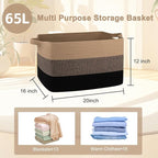 OIAHOMY Large Blanket Basket, 65L Cotton Rope Woven Laundry Basket, Toy Bin for Baby Room, Container for Blanket Storage in Living Room, 20''×16''×12'', Brown & Black