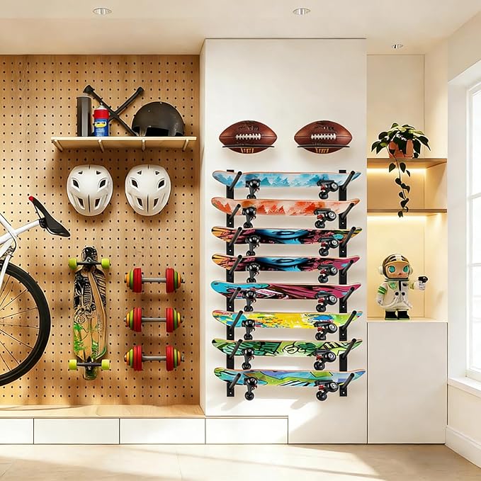 BiJun Skateboard Wall Mount, Snowboard Wall Mount Display, Horizontal Ski Wall Rack, Skateboard Rack Storage Holder Longboard Hanger