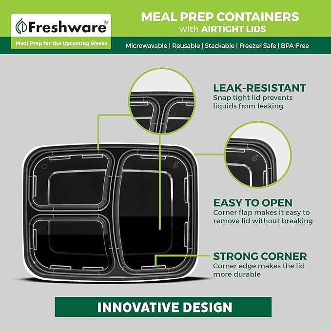 Freshware Meal Prep Containers 50 Count, 3 Compartment Food Storage Containers with Lids, Bento Box, BPA Free, Stackable, Microwave/Dishwasher/Freezer Safe (24 oz) (Pack of 6)