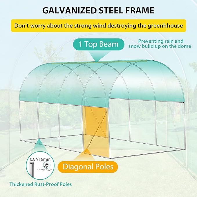 15x7x7 ft Walk-in Tunnel Greenhouse with Galvanized Steel Frame & 8 Mesh Windows, Weather-Resistant Outdoor Plant Hot House for Vegetables, Green PE Cover & 2 Roll-Up Zipper Doors