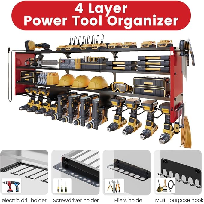 53" Power Tool Organizer Wall Mount with Power Strip, Heavy Duty Metal Tool Shelf, 400lbs Capacity for Cordless Drills, Batteries & Garage Storage (12 Slots with 8 Outlets Power Strip)