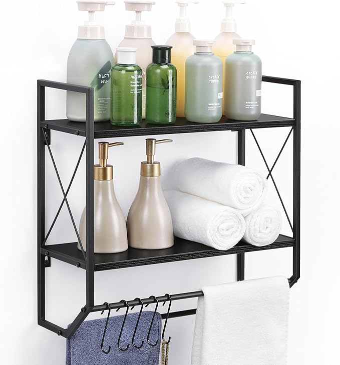 Bath Towel Shelf 2 Tier Towel Rack Wall Mount Towel Holder with Shelf Bathroom Shelves with Towel Bar and Hooks Industrial Wall Shelf Over Toilet for Towel Tissue Storage Organizer, Modern Black