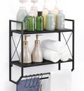 Bath Towel Shelf 2 Tier Towel Rack Wall Mount Towel Holder with Shelf Bathroom Shelves with Towel Bar and Hooks Industrial Wall Shelf Over Toilet for Towel Tissue Storage Organizer, Modern Black