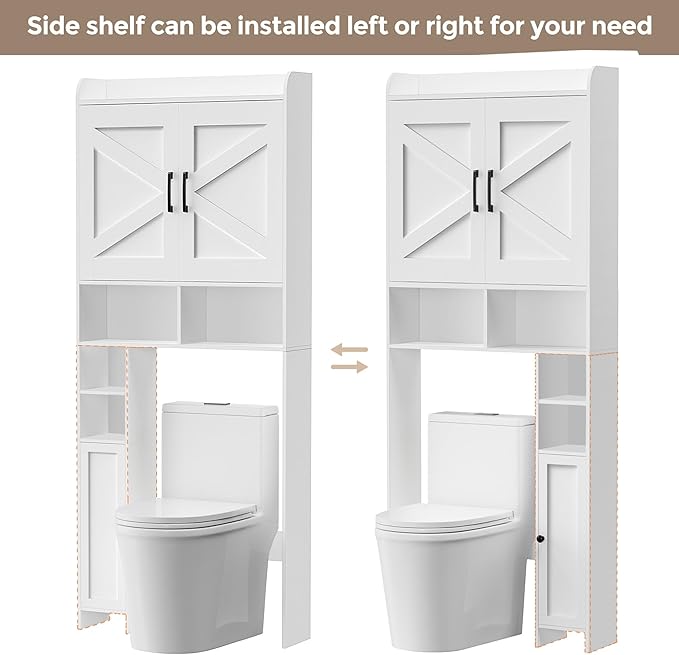 Homhedy Over The Toilet Storage Cabinet with 2 Barn Door and Toilet Paper Holder Stand, FreeStanding Toilet Shelf Space Saver, for Bathroom, Restroom, Laundry, White