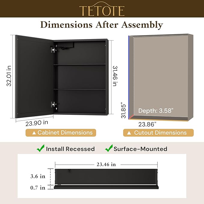 TETOTE 24 x 32 LED Bathroom Medicine Cabinet with Adjustable Shelves, Black Aluminum Cabinet, Anti-Fog Stepless Dimmable 3 Colors White/Warm/Natural, Easy to Install(Wall Mount/Recessed)