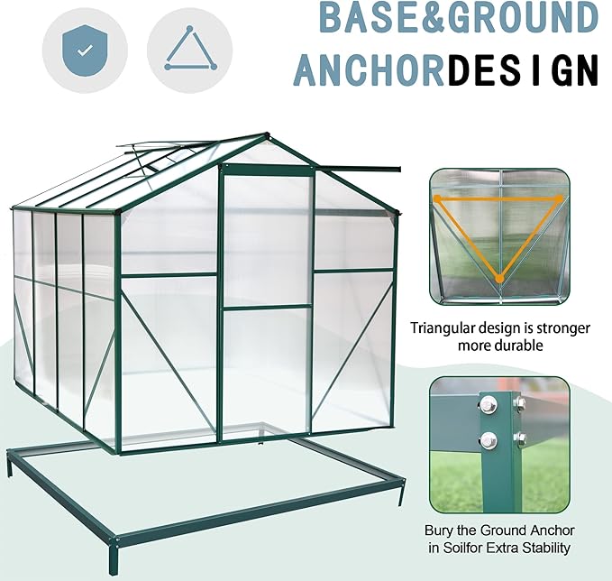 6'x8' Heavy Duty Polycarbonate Greenhouse with Aluminum Frame Green