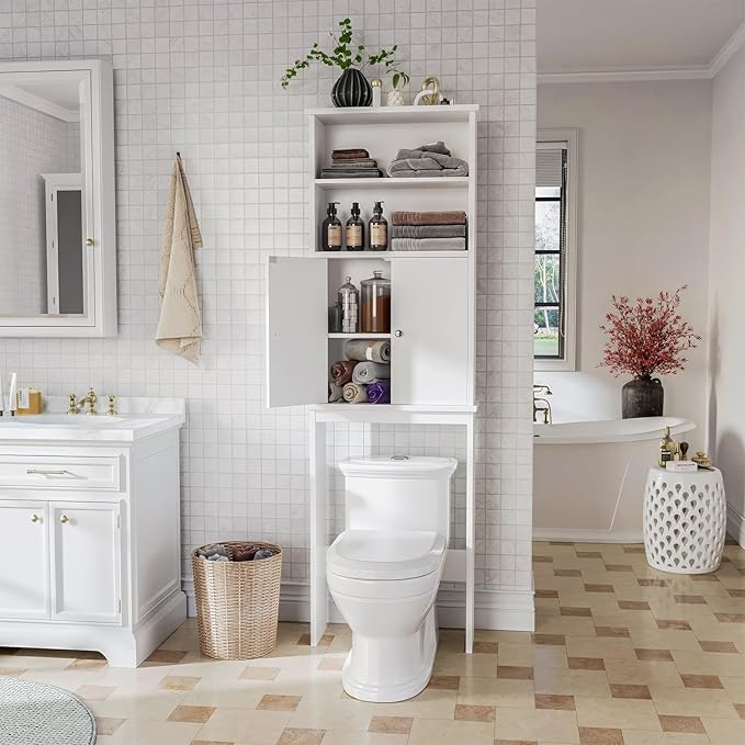 Meilocar Extra Tall Over The Toilet Storage Cabinet for Bathroom, 75in Storage Organizer Over Toilet with Adjustable Shelf, Space Saver with Open Shelf, White