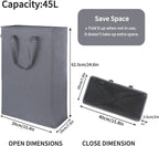 Odonata Slim Laundry Hamper Handles Collapsible Laundry Basket Thin Dirty Clothes Basket Narrow Laundry Bag Foldable Dirty Hamper 45L (Dark Grey)
