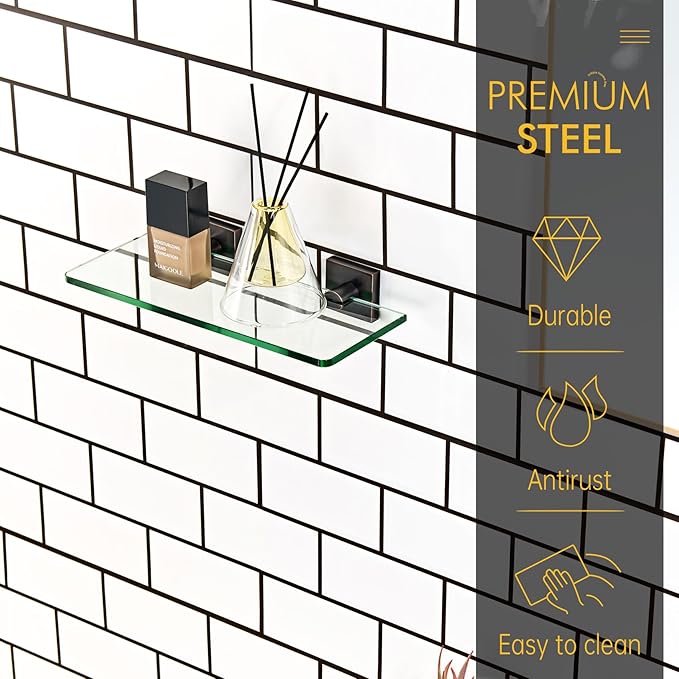 KOKOSIRI Bathroom Wall Shelves Glass Floating Shelf 12-Inch Tempered Glass Rack Shower Storage Decor, Oil Rubbed Bronze Stainless Steel B1107ORB-L12