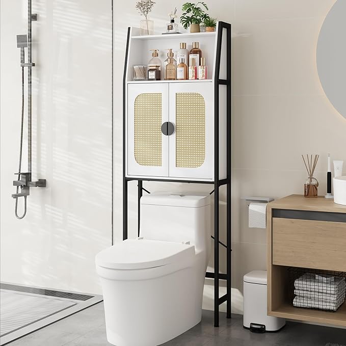 Over The Toilet Storage Cabinet with Rattan Doors, Bathroom Organizer with Adjustable Shelf, Metal Frame & Anti-Tip Device, Space-Saving Wood Cabinet for Bathrooms, Laundry Room, White