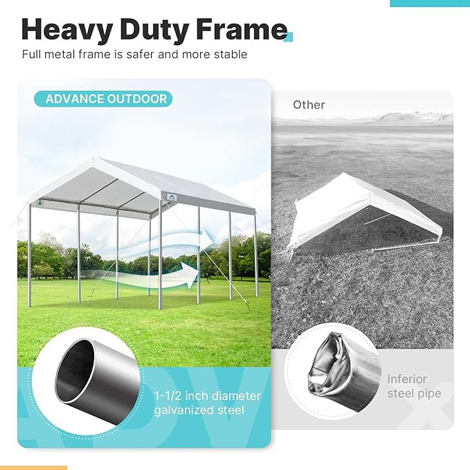 ADVANCE OUTDOOR 10x20 ft Heavy Duty Carport, Adjustable Height Garage Car Canopy Party Tent Boat Shelter, White