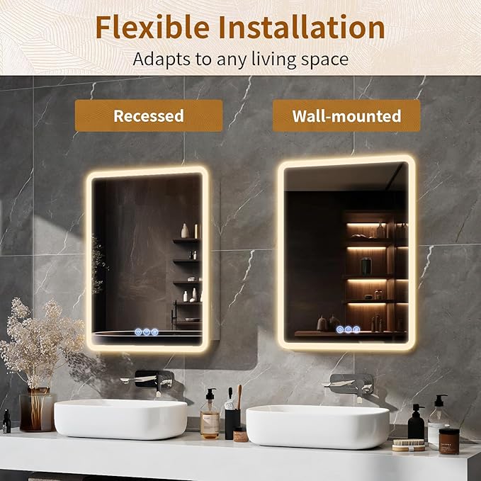 BEAUTYPEAK 24 x 32 LED Bathroom Medicine Cabinet Mirror, Adjustable Shelves, Silver Aluminum Cabinet, Anti-Fog Stepless Dimmable 3 Colors White/Natural/Warm, Easy to Install(Wall Mount/Recessed)