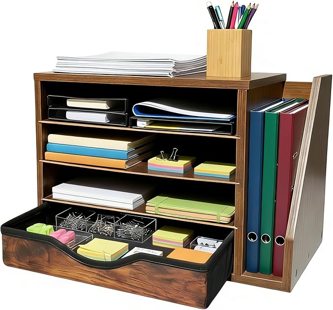 Wooden file Organizer with Drawer, Office Wood Desk Organizer with drawers, with 4 Adjustable Shelves, Mail Sorter with Drawer, Office Desk Paper Holder, Brown,assembly required
