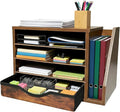 Wooden file Organizer with Drawer, Office Wood Desk Organizer with drawers, with 4 Adjustable Shelves, Mail Sorter with Drawer, Office Desk Paper Holder, Brown,assembly required