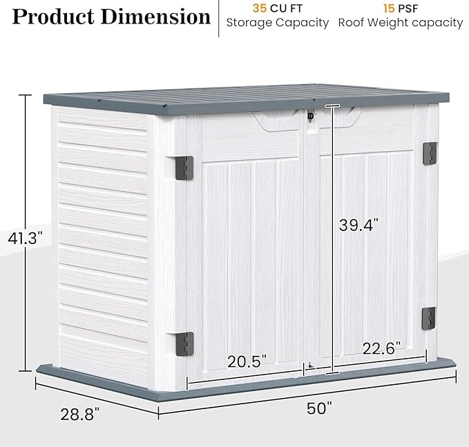 UDPATIO 4.5' x 2.5' Outdoor Storage Shed Horizontal Outdoor Trash Can Storage Box Plastic Shed Resin Cabinet,White & Grey,35 Cu.Ft