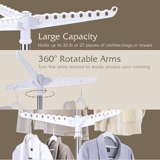 Beaudaily Clothes Drying Rack, Foldable 74.8-Inch Laundry Drying Rack, Indoor 2 Tier Drying Rack Clothing with Rotatable Arms, Stainless Steel, Holds 54 Pieces, Space Saving, White and Silver