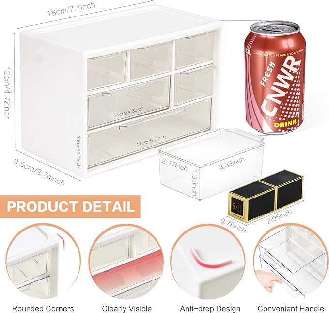 Mini Desk Storage Organizer with 6 Drawers, FODIENS Stackable Desktop Craft Drawer Cabinet, Clear Storage Box Caddy for Makeup Jewelry Office Craft Supplies (White)