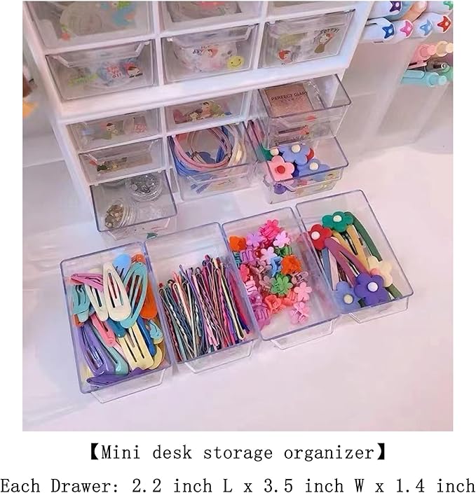 Feadily 2PCS Small Drawer Organizer for Desk, Desktop Drawer Organizer with 9 Clear Drawers, Plastic Desktop Storage Drawers 7.1 Inch x 3 .9 Inch x 4.7 Inch, Blue