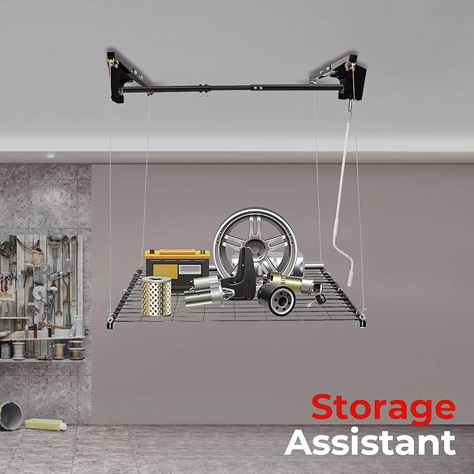 TBVECHI Overhead Garage Lifting Storage Rack, 4x4 Ft Heavy-Duty Metal Garage Ceiling Rack, Storage Organizer System with 79''L Adjustable Height, 300lbs Weight, Matte Black