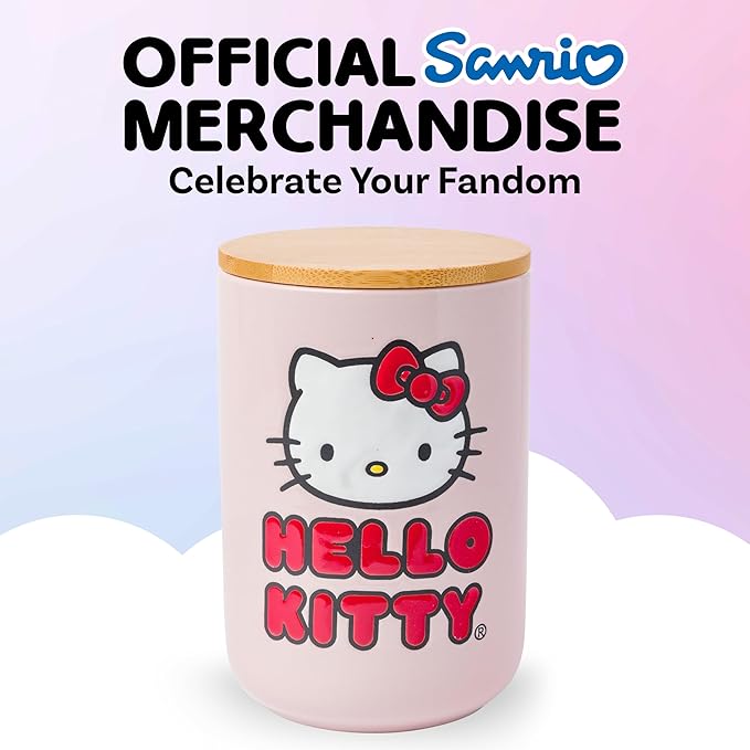 Silver Buffalo Sanrio Hello Kitty Wax Resist Ceramic Cookie Snack Jar Container with Airtight Bamboo Lid, Pink (Small)