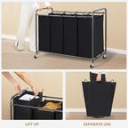 STORAGE MANIAC Laundry Sorter 4 Section, 47.8 Gal (181 L) Laundry Hamper with Wheels, Clothes Divider Basket Sorter, Clothes Separator Hamper Cart with Wheels and Removable Bags, Black