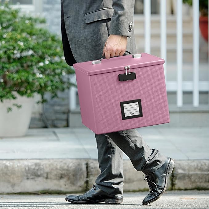 Pink Fire Proof File Box for Documents - Portable Fireproof Document Organizer Box with Handle Waterproof Safe Locking Folder Storage with Lid