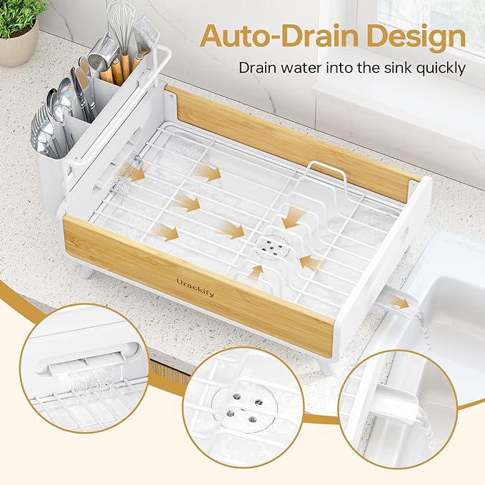 Dish Drying Rack for Kitchen Counter - Stainless Steel & Bamboo Dish Rack with Large Removable Utensil Holder, Dish Drainer with Adjustable Automatic Spout, White