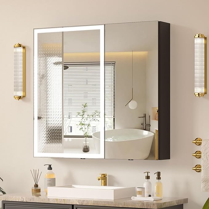 30x28 Medicine Cabinet with Lights Mirror, LED Lighted Medicine Cabinet Wall Mounted, Modern Sturdy Aluminum Mirrored Cabinet with Memory 3 Color Dimmable and Defogger, Adjustable Shelves