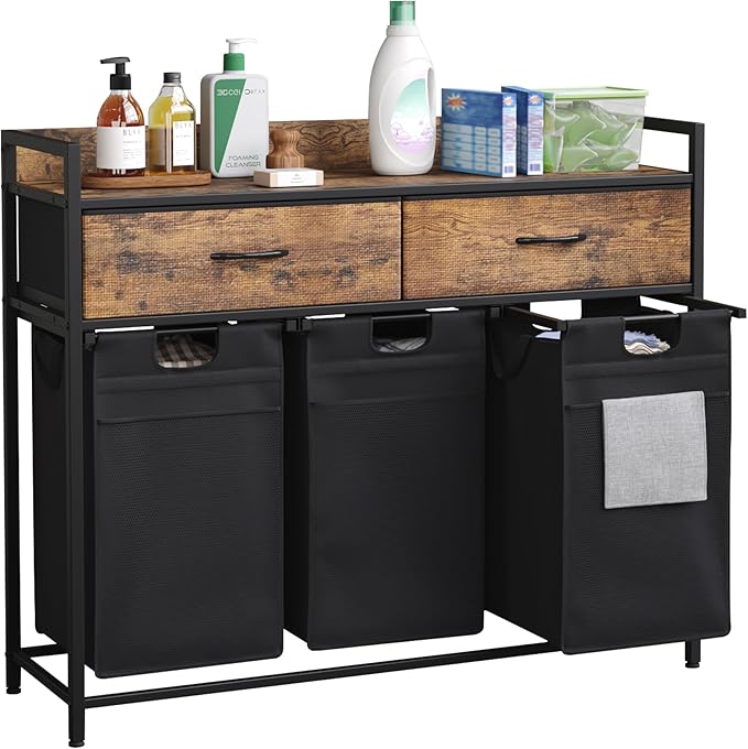 Laundry Sorter with 2 Drawers, 150L with Pull-Out Removable Laundry Bags, Laundry Hamper Baskets with 3 Section and Wheels, Rustic Brown and Black