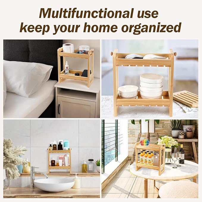 Over-The-Toilet Storage Shelf Organizer, 2-Tier Bamboo Bathroom Countertop Organizer for Towels, Toilet Paper, Plants, Makeup, Small Space Saver Rack for Bathroom, Dresser, Vanity, or Kitchen Use