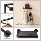 Industrial Pipe Clothing Rack with Floating Shelves, 2 Hanging Rods Wall Mounted Garment Rack, Heavy Duty Iron Clothes Bar, Space-Saving Clothing Hanging Rails for Closet (2 hanging rods 1 shelf)