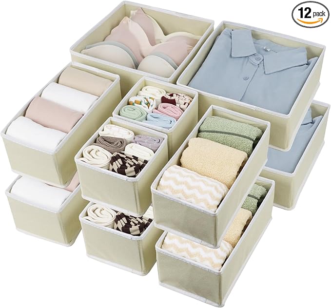 Drawer Organizer Clothes, Foldable Fabric Dresser Organizer Closet Organizers and Storage Box for Underwear,Folded Clothes,Baby Clothing,Socks,Bra,Towels,Ties(12 Pack,Yellow)