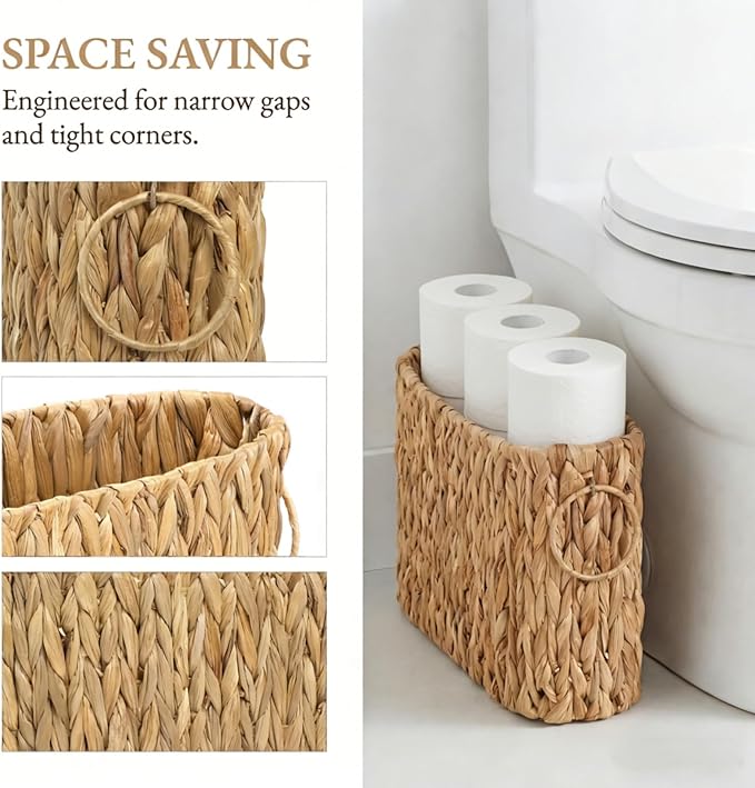 Toilet Paper Storage, Handwoven Toilet Paper Baskets with Handle for 9 Standard Rolls, Large Water Hyacinth Magazine Holder Narrow Wicker Trash Can for Bathroom Accessories