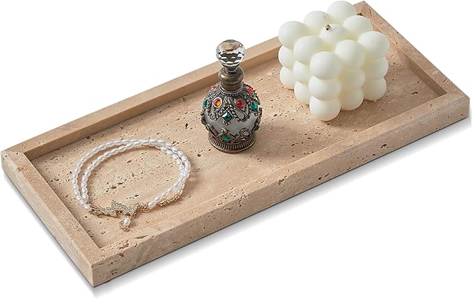 Natural Small Marble Vanity Tray, Luxury Stone Organizer for Bathroom & Kitchen | Holds Soap Dispenser, Jewelry, Perfume | Non-Resin, Non-Ceramic Décor (Travertine, M (11.8" x 5.1" x 0.78"))