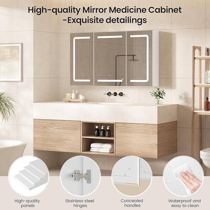Hasuit Medicine Cabinet Organizer with Mirror, Lighted Bathroom Medicine Cabinet with Storage, 3 Doors Bathroom Wall Cabinet with LED Lights, Adjustable Shelves & Outlets, 39.4'' x 23.6'', White