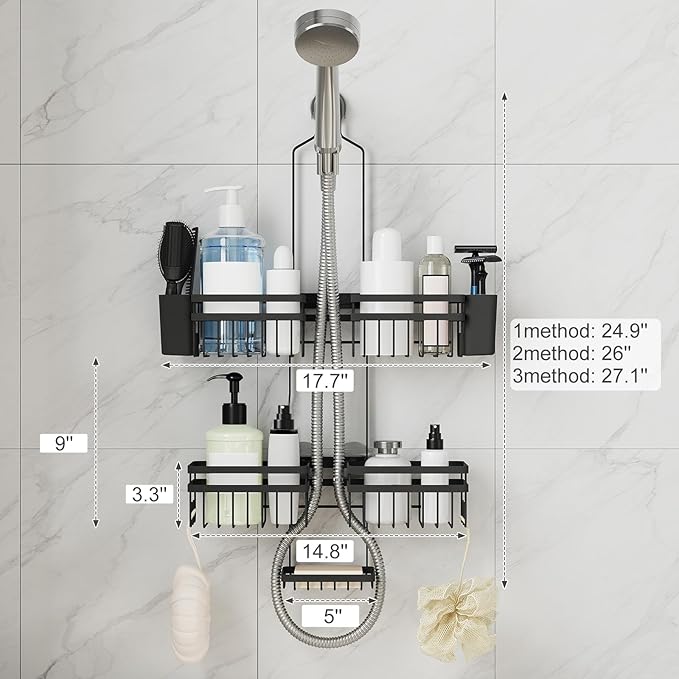 Shower Caddy Hanging for Bathroom Organizers and Storage - 3-Tier Adjustable Anti-Swing Shower Organizer Hanging with Heavy-Duty Suction Cups, Damage-Free Rustproof (Black)